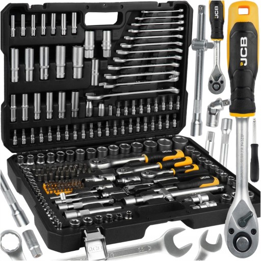 НАБОР ИНСТРУМЕНТОВ JCB, 216 ЭЛЕМЕНТОВ: КЛЮЧИ, ГОЛОВКИ, биты с трещоткой CR-V.