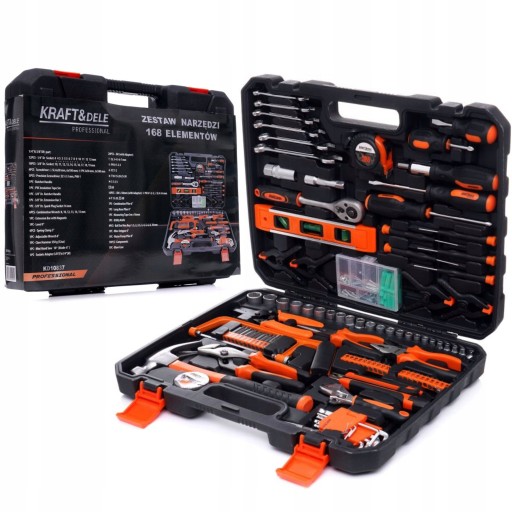 НАБІР ІНСТРУМЕНТІВ, КЛЮЧІ, МОЛОТОК, ПЛОСКІ БІТИ, ВИВІРТКИ, ГОЛОВКИ, 168 шт.