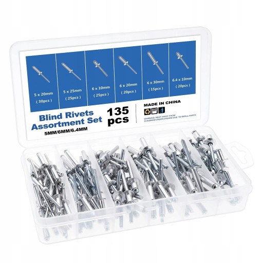 Набор из 135 шт. алюминиевых заклёпок с головками.