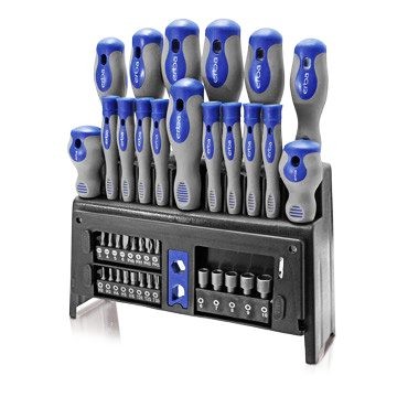 Набор из 39 отверток с настенным держателем.