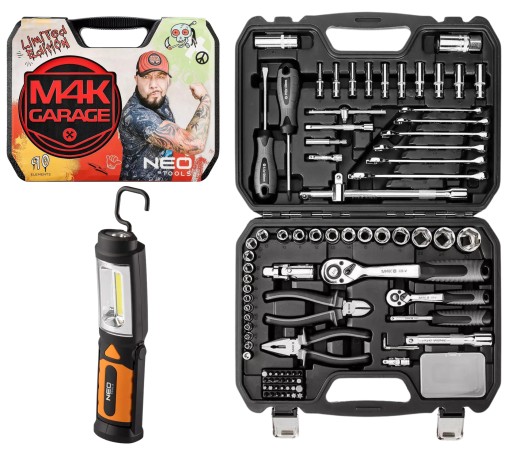 Набір інструментів NEO M4K Garage 90 шт. + Лампа для майстерні, ключі торцеві