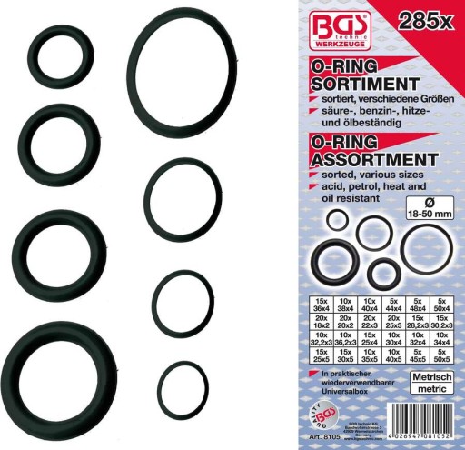 Набір ущільнювальних кілець 18-50 мм, 285 шт.
